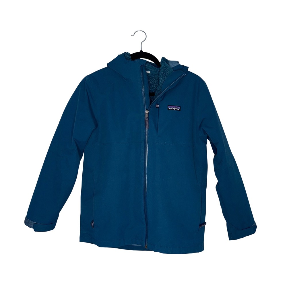 Patagonia H2No Hooded Jacket Kid Size 12 L Teal Blue Fleece Lined Good Condition